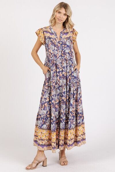 Mittoshop Floral Ruffled Notched Cap Sleeve Maxi Dress - Sydney So Sweet