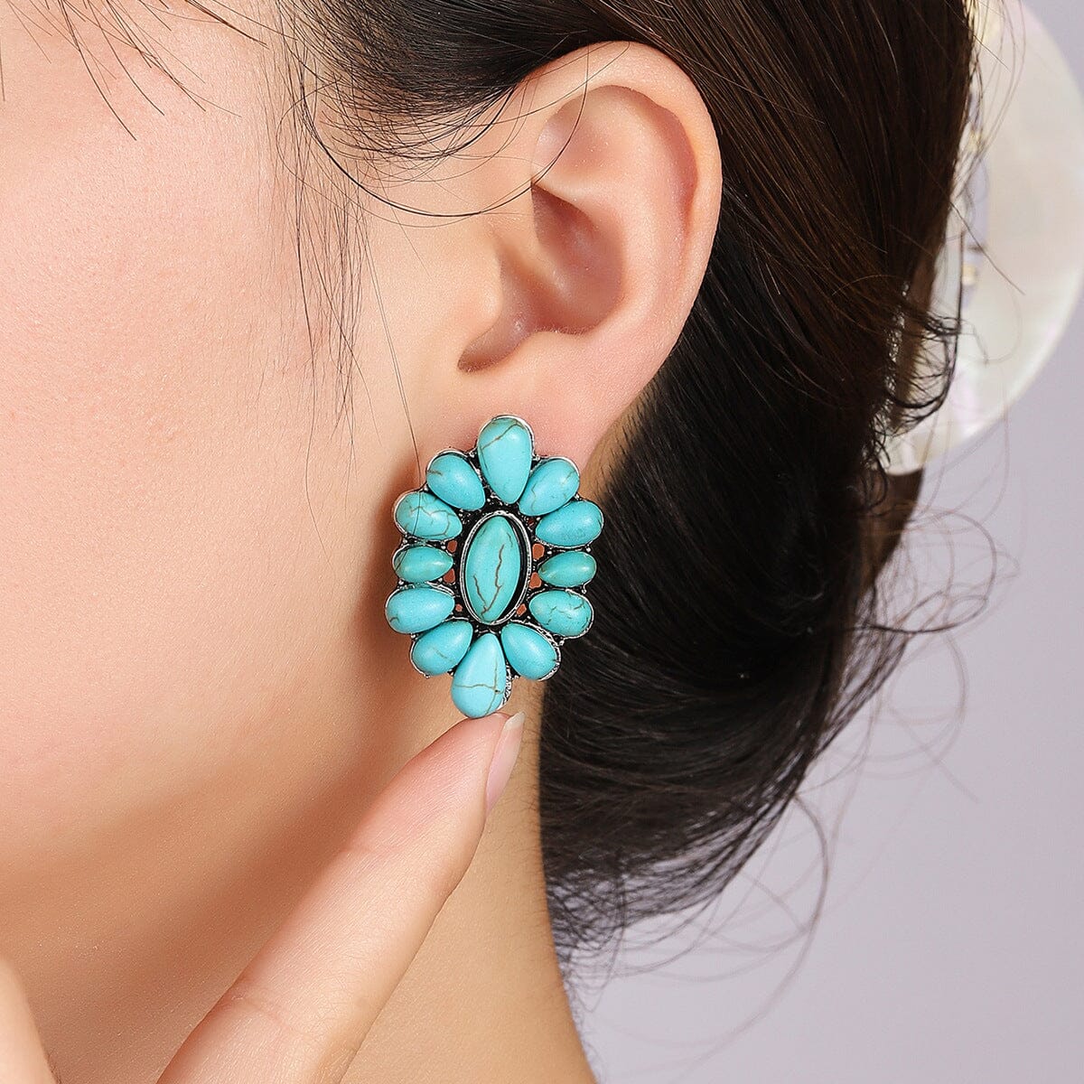 Flower Shape Artificial Turquoise Earrings - Sydney So Sweet