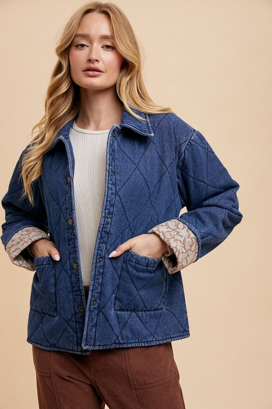 Annie Wear Quilted Printed Lining Snap Down Denim Jacket - Sydney So Sweet