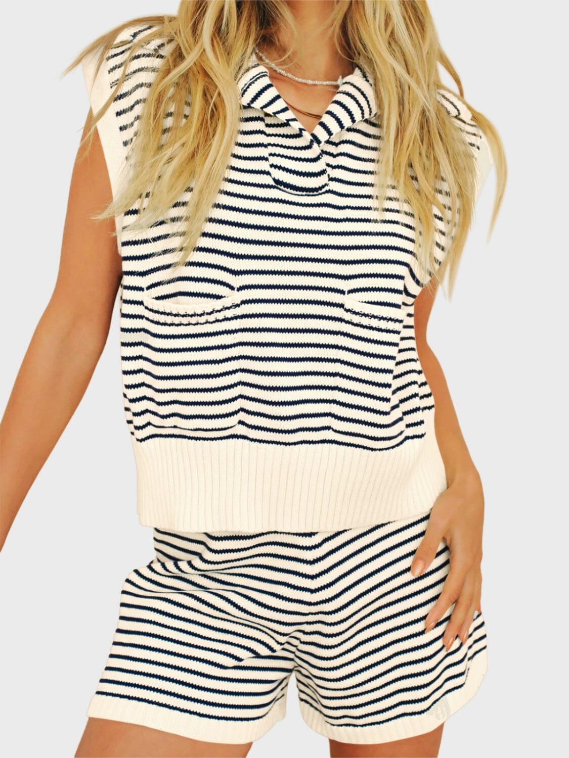 Striped Cap Sleeve Top and Shorts Sweater Set - Sydney So Sweet