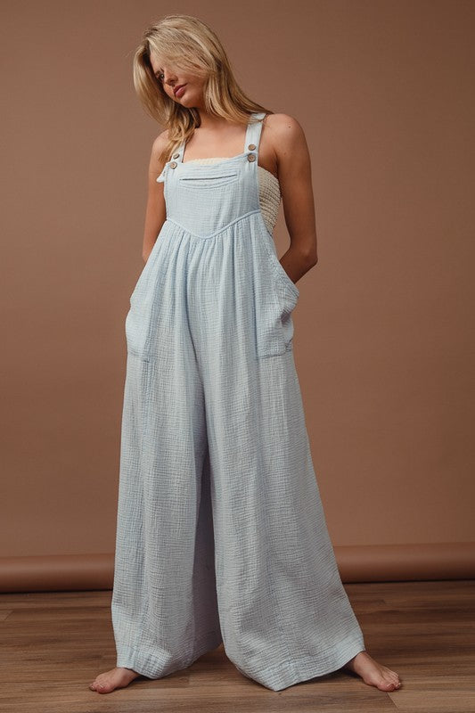 BiBi Vintage Washed Crinkle Gauze Wide Leg Overalls - Sydney So Sweet
