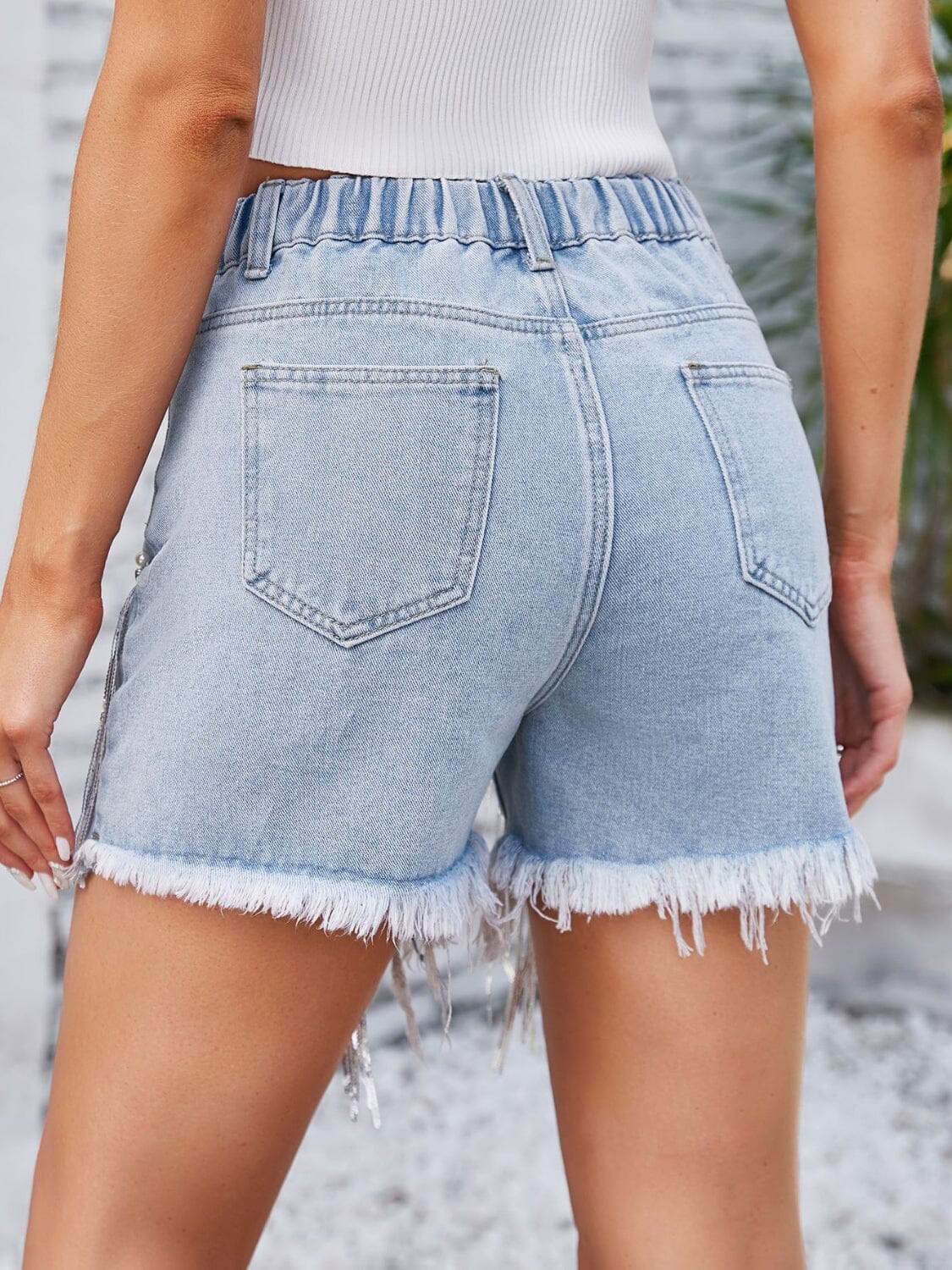 Distressed Pearl Trim Denim Shorts with Pockets - Sydney So Sweet