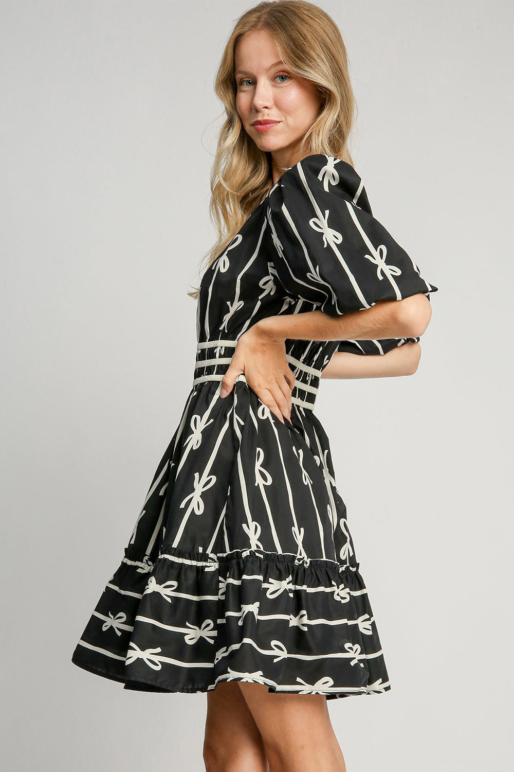 Umgee Ribbon Print Frill Contrast Velvet Trim Half Sleeve Dress - Sydney So Sweet