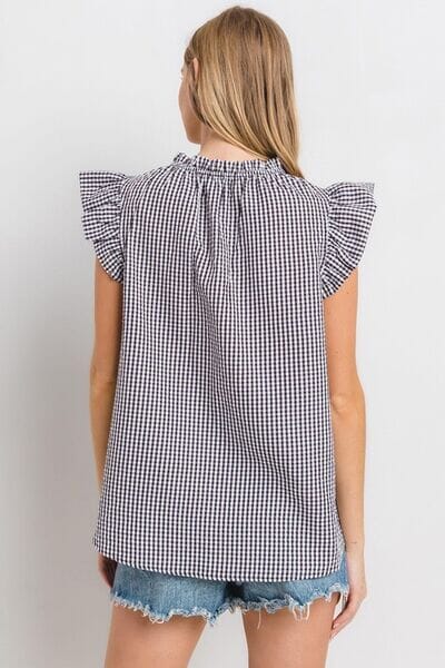 Ces Femme Plaid Notched Ruffled Cap Sleeve Blouse - Sydney So Sweet