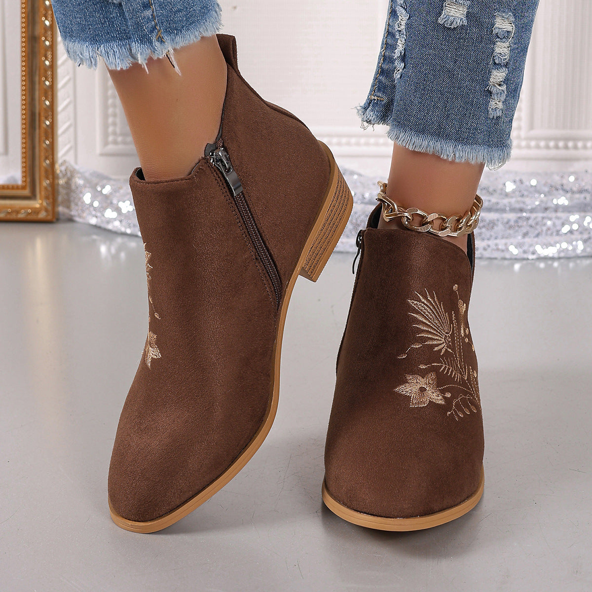 Embroidered Suede Point Toe Block Heel Boots - Sydney So Sweet