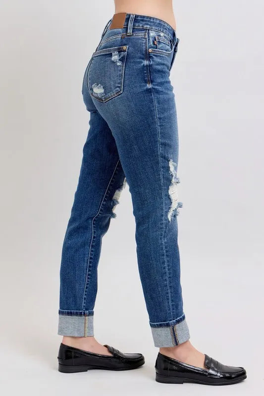 Judy Blue Full Size Mid Rise Boyfriend destroy Jeans with Yoke Pockets and Faux Selvedge Cuff Plus Size - Sydney So Sweet
