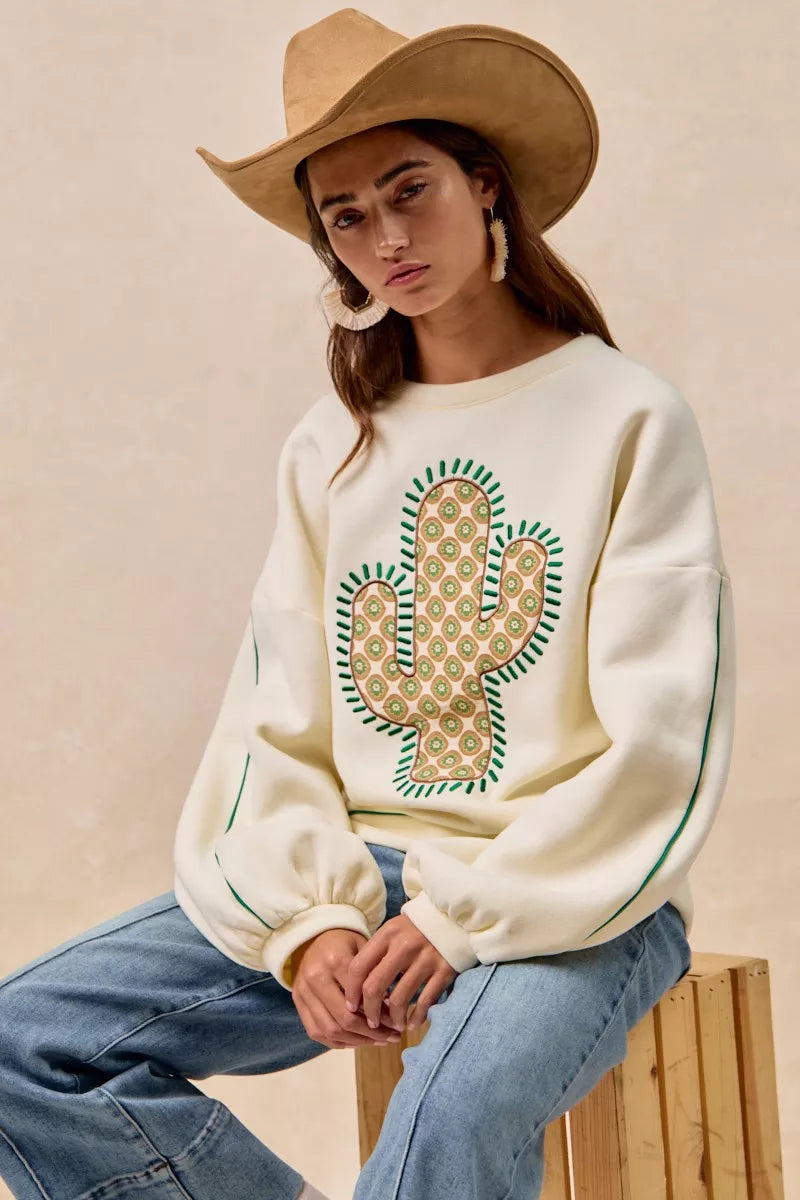 BiBi Cactus Embroidered Fleece Sweatshirt - Sydney So Sweet