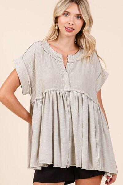 Mittoshop Mixed Media Mineral Wash Babydoll Short Sleeve Blouse - Sydney So Sweet