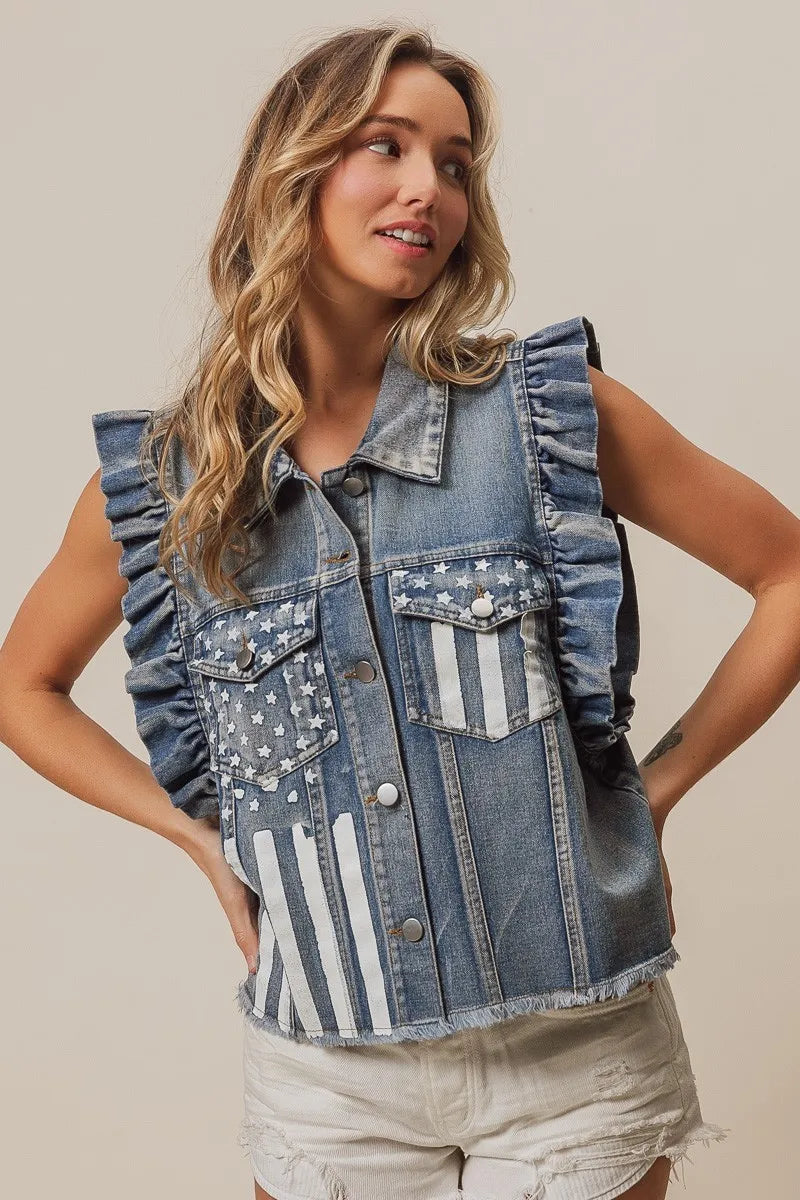 BiBi American Flag Washed Denim Jacket - Sydney So Sweet
