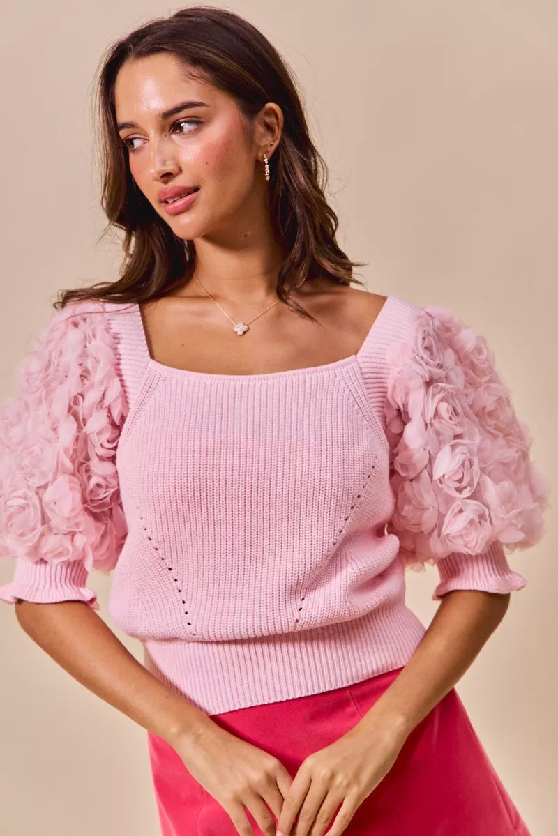 SO ME Rosette Sleeves Square Neck Sweater Knit Top - Sydney So Sweet