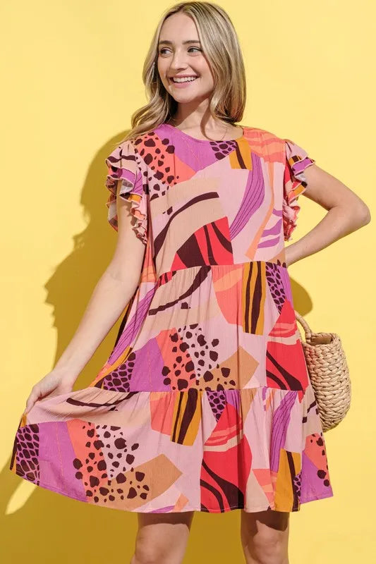 And The Why Printed Double Ruffles Sleeve Dress - Sydney So Sweet