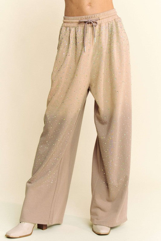 Davi &amp; Dani Rhinestone Drawstring Wide Leg Pants - Sydney So Sweet