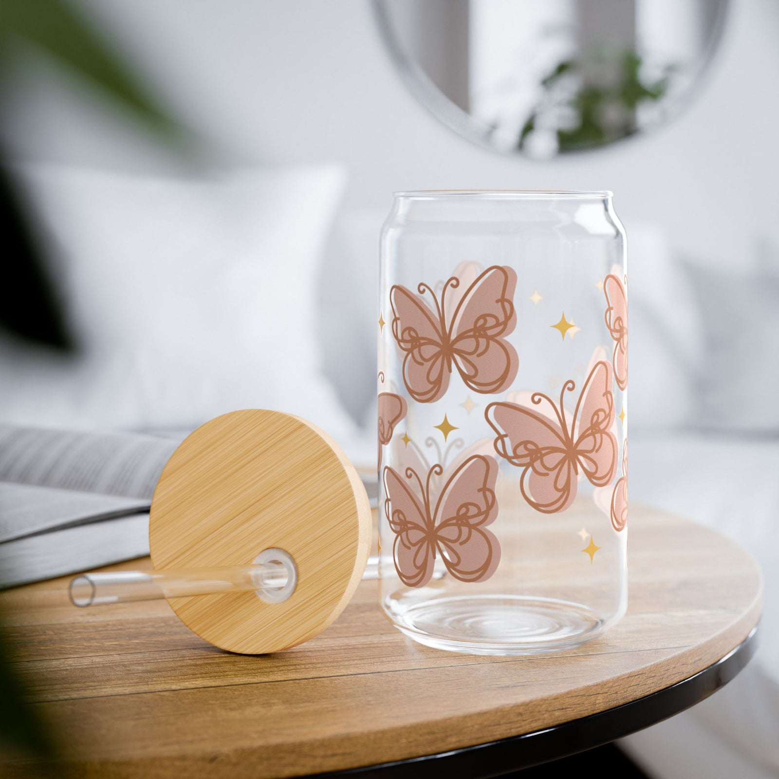 Peachy Butterfly Tumbler Sipper Glass 16oz — Reusable Drink Jar with Lid & Straw