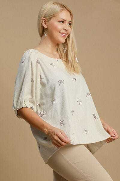 Umgee Full Size Linen Blend Ribbon Embroidered Top Plus Size - Sydney So Sweet