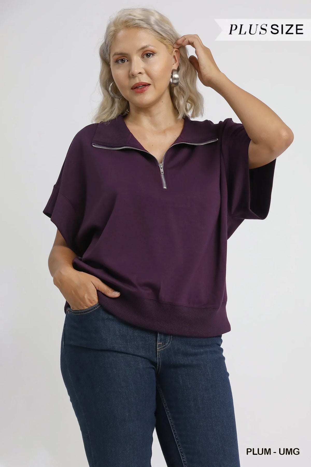 Umgee Full Size Half-Zip Short Sleeve Top Plus Size - Sydney So Sweet