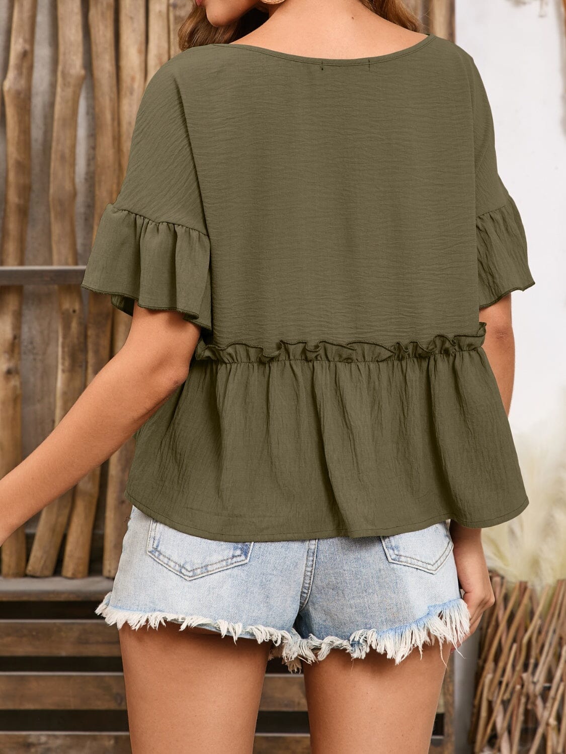 Frill Decorative Button Round Neck Half Sleeve Blouse - Sydney So Sweet