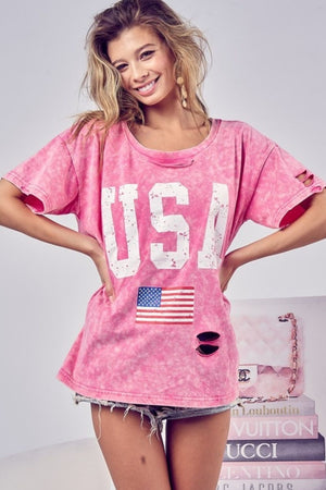 Washed American Flag Graphic Distressed T-Shirt - Sydney So Sweet