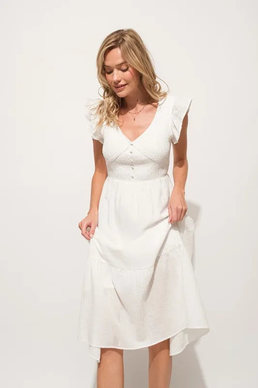 And The Why Ruffle Sleeve Front Smocked Tiered Midi Dress - Sydney So Sweet