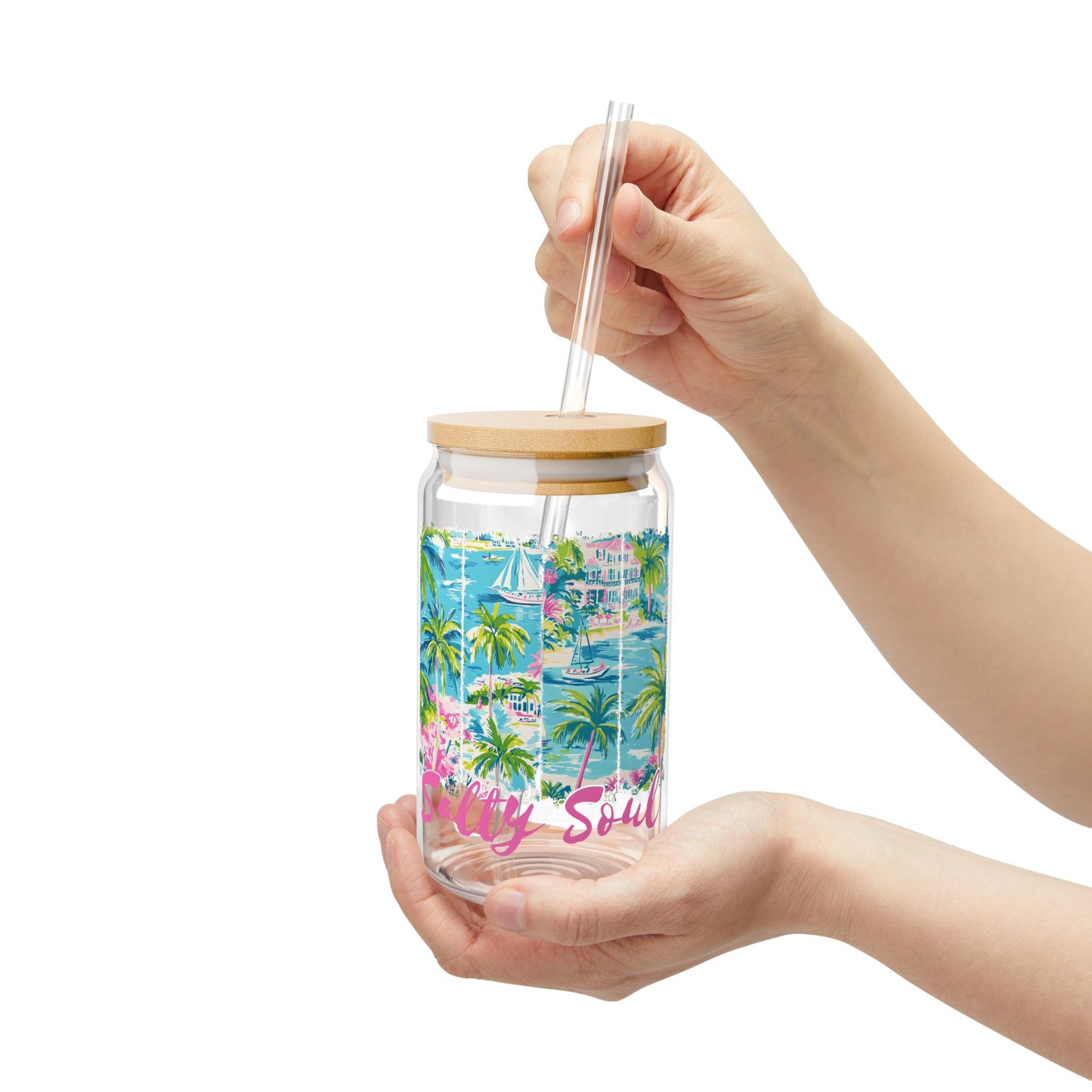 Salty Soul Tropical Beach Sipper Glass 16oz Reusable Drink Jar with Lid & Straw