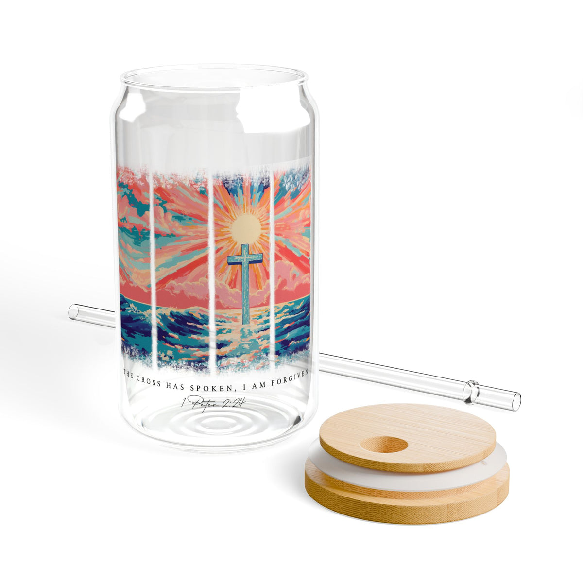 The Cross Has Spoken I am Forgiven Christian Sipper Glass 16oz Reusable Drink Jar with Lid & Straw