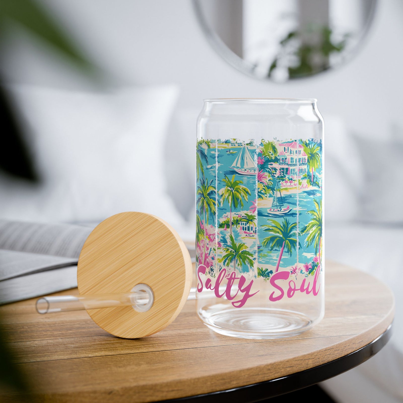 Salty Soul Tropical Beach Sipper Glass 16oz Reusable Drink Jar with Lid & Straw