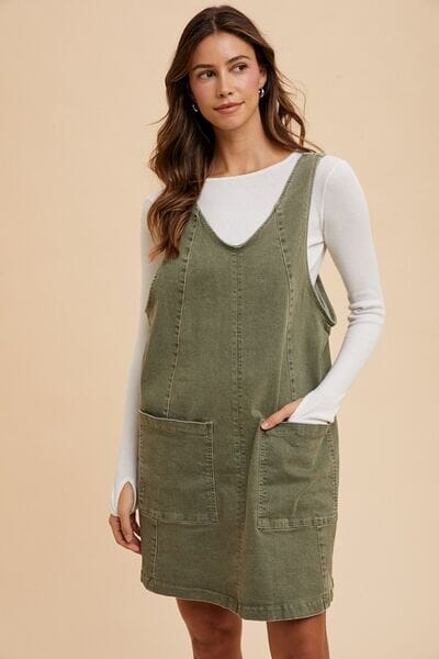 Annie Wear V-Neck Adjustable Strap Denim Overall Dress with Pockets - Sydney So Sweet