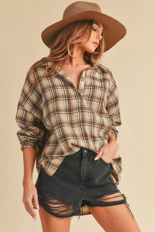 Aemi + Co Side Slit High-Low Plaid Long Sleeve Polo Shirt - Sydney So Sweet