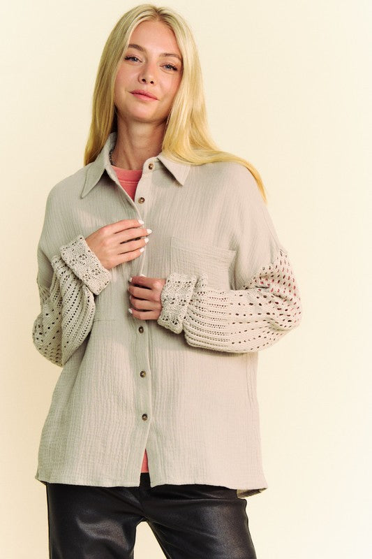 Davi & Dani Crochet Sleeve Crinkled Texture Shirt - Sydney So Sweet