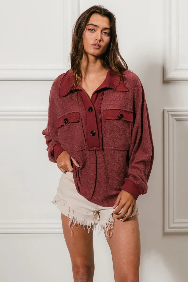 BiBi Cp French Terry Cut Edge Detail Collared Top - Sydney So Sweet