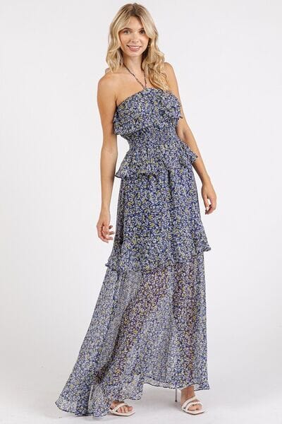 Mittoshop Ruffled Smocked Floral Halter Neck Maxi Dress - Sydney So Sweet