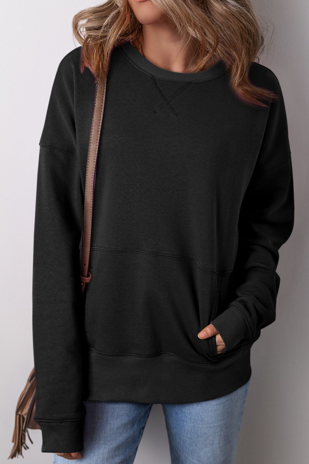 Solid Color Round Neck Long Sleeve Sweatshirt - Sydney So Sweet