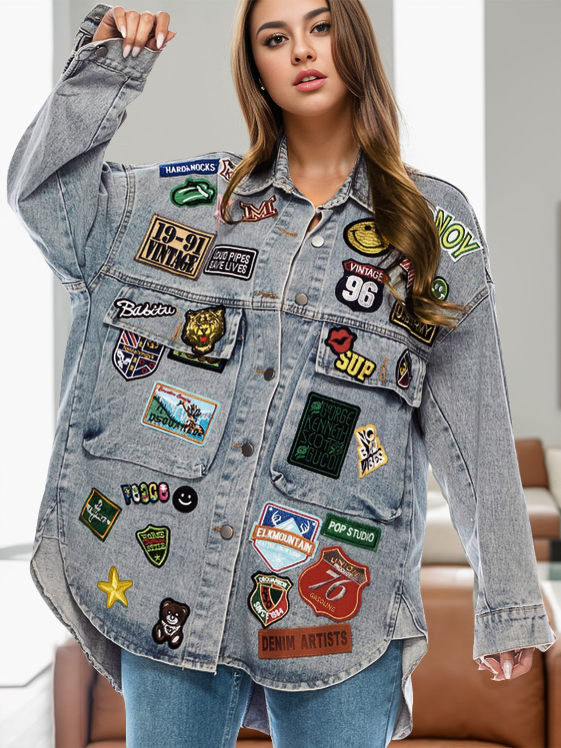 Embroidered Patch Button Up Long Sleeve Denim Jacket - Sydney So Sweet