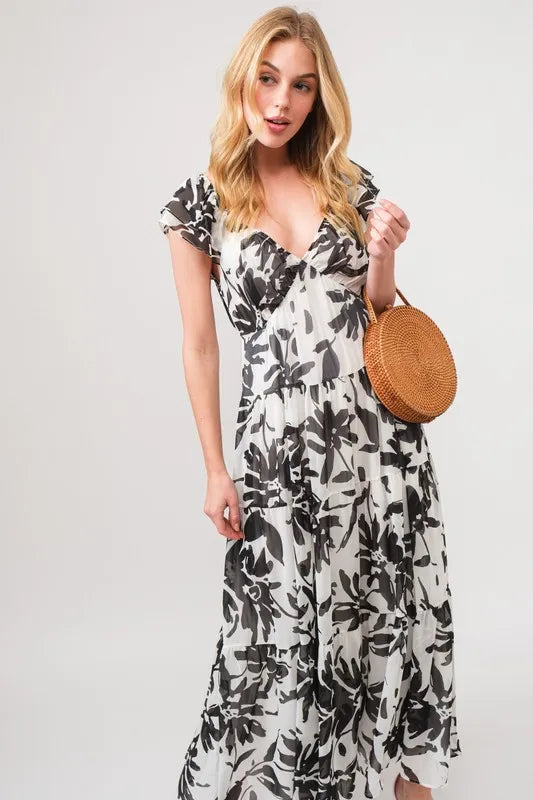 And The Why Ruffled Sleeve Tiered Floral Print Maxi Dress - Sydney So Sweet