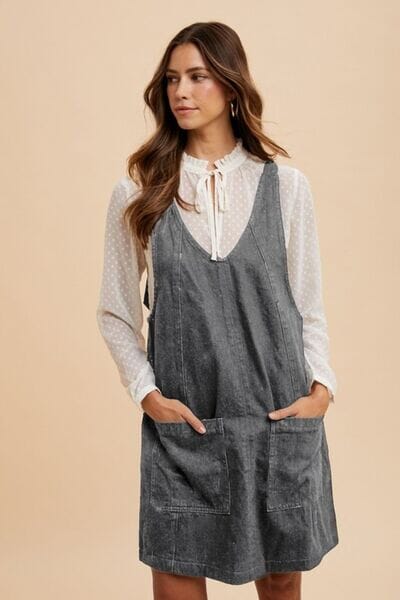 Annie Wear V-Neck Adjustable Strap Denim Overall Dress with Pockets - Sydney So Sweet