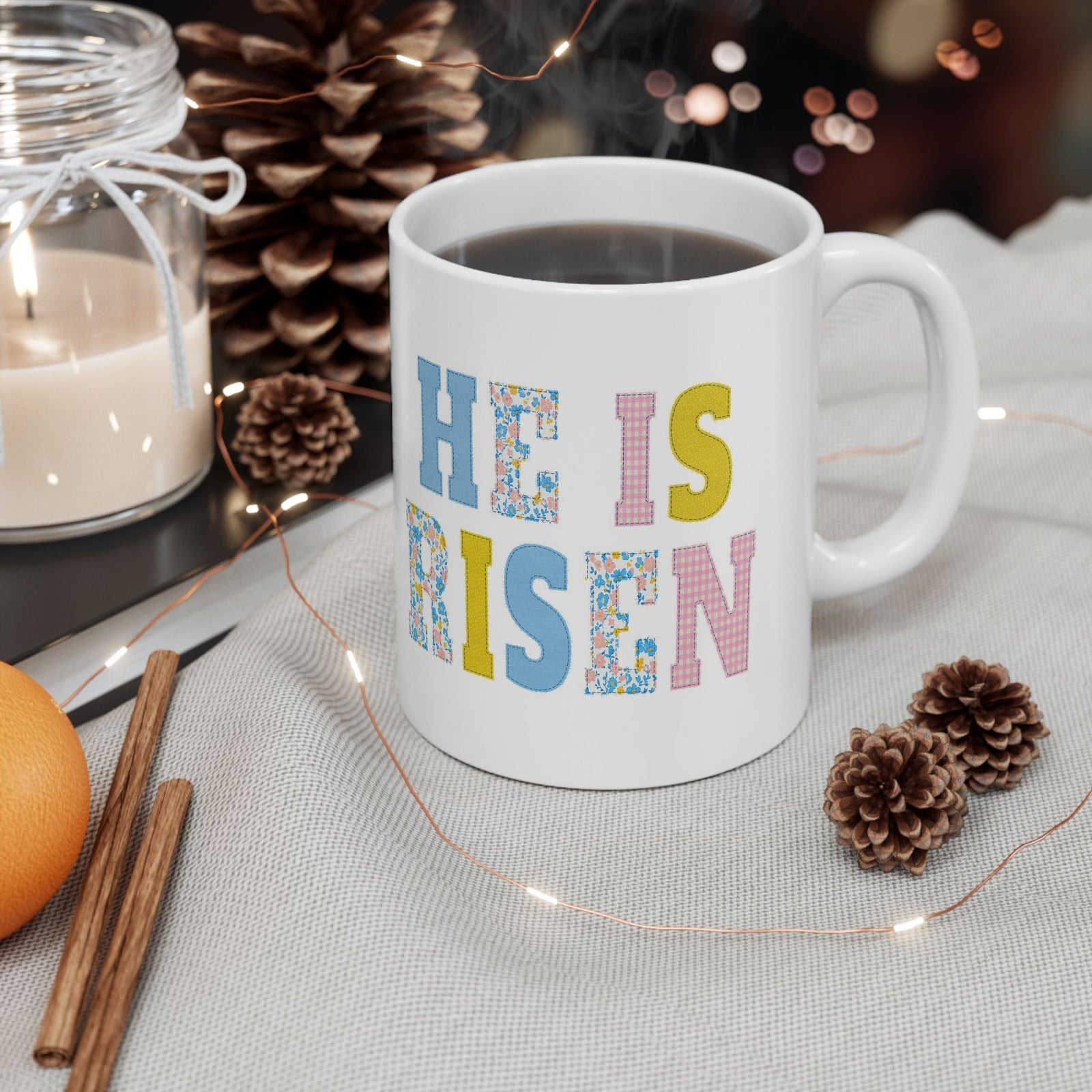 He is Risen Cross Floral Patchwork Ceramic Mug Coffee Cup (11oz & 15oz)