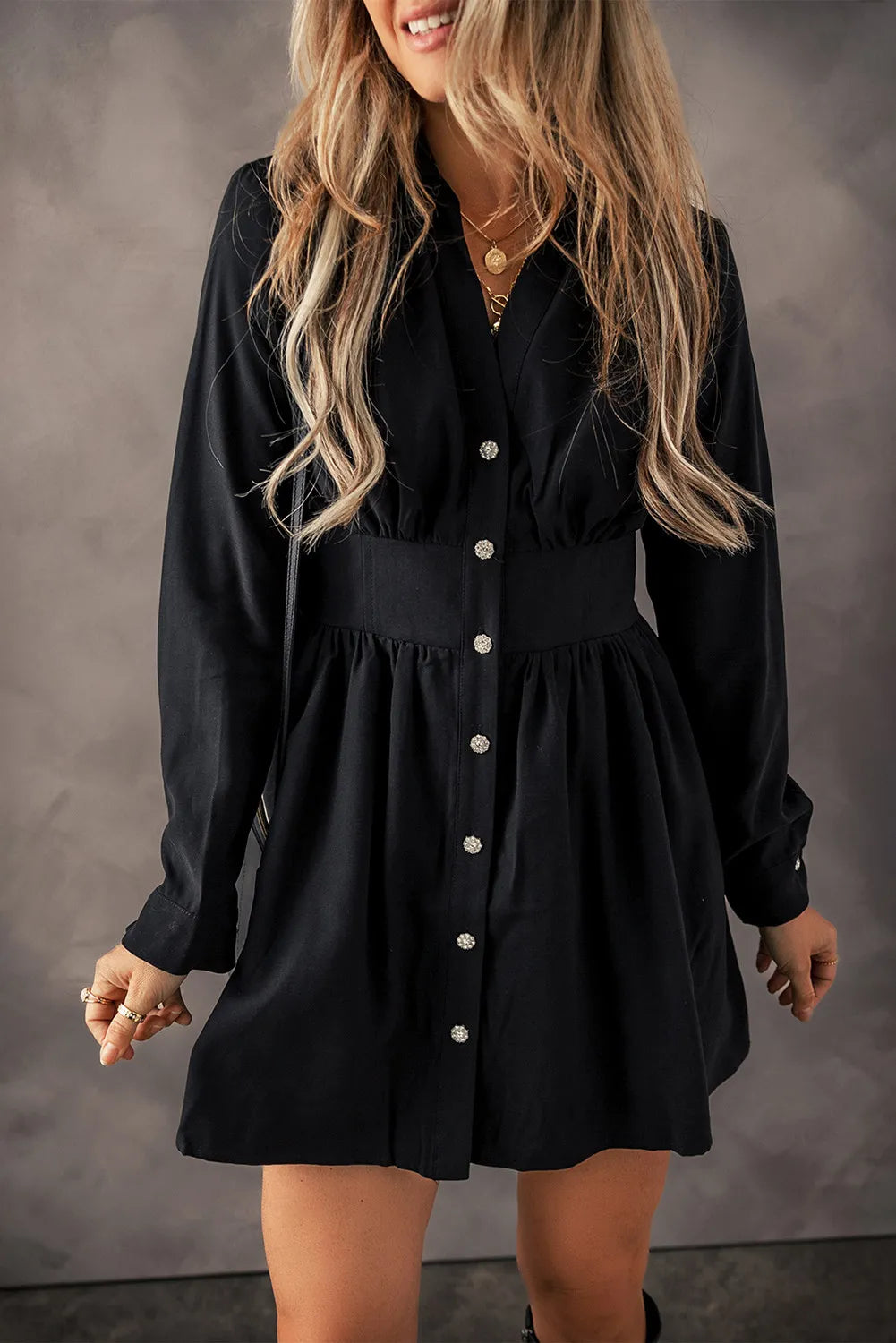 Ruched Button Up Long Sleeve Dress - Sydney So Sweet