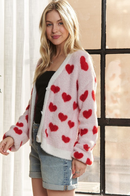 ADORA Fuzzy Heart Button Down Cardigan - Sydney So Sweet