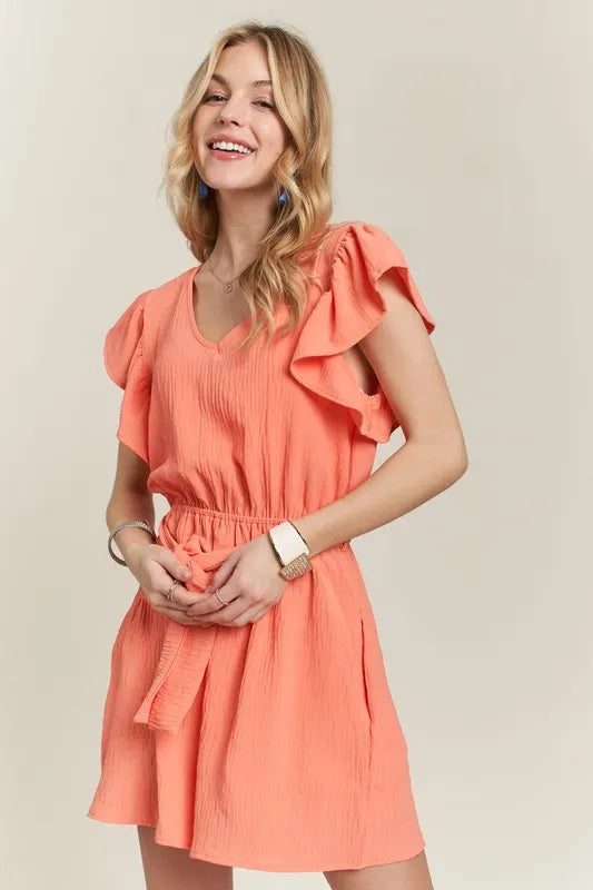 ADORA Ruffle Sleeves Romper with Pockets - Sydney So Sweet