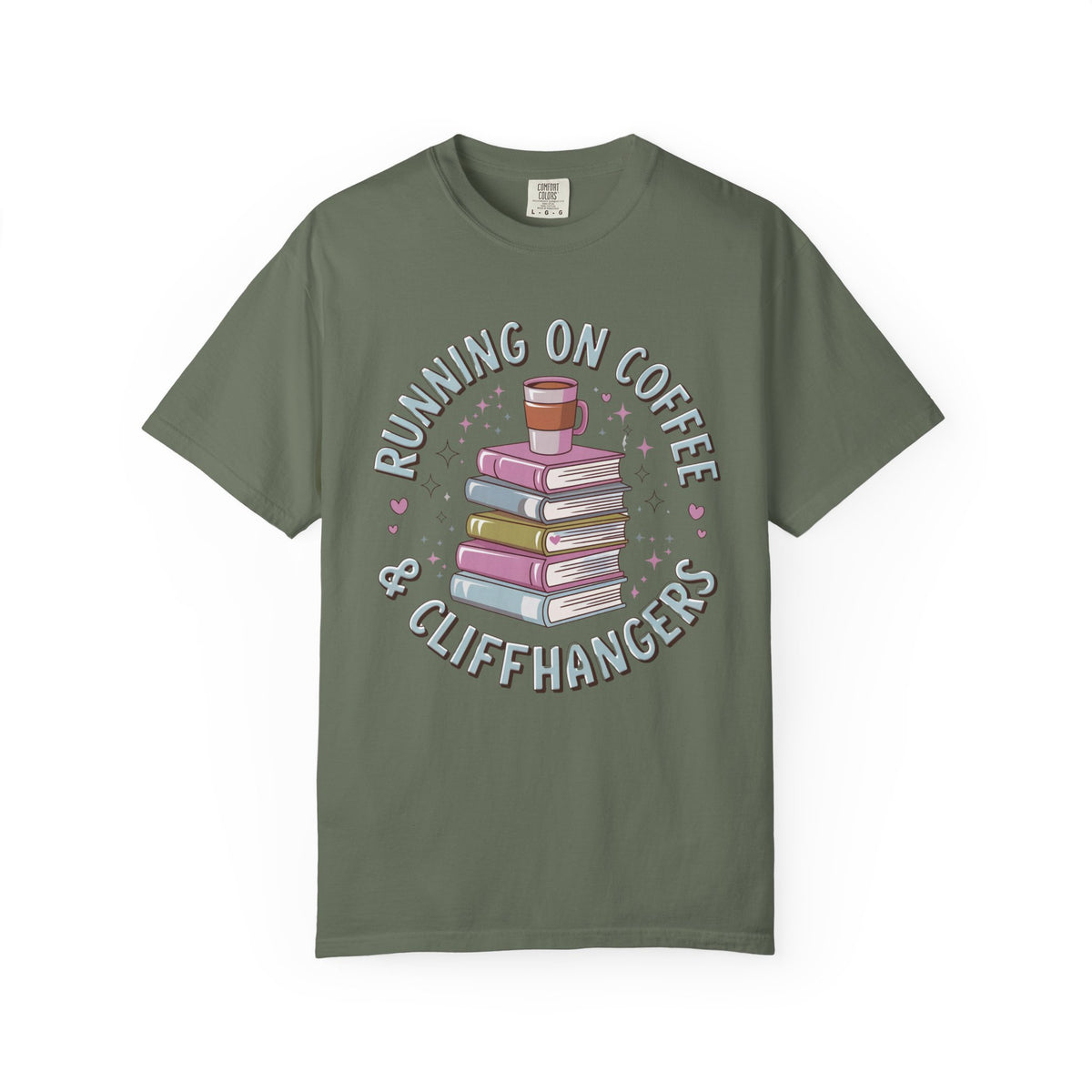 Running on Coffee & Cliffhangers Graphic T-Shirt Unisex Book Lover Short Sleeve Tee