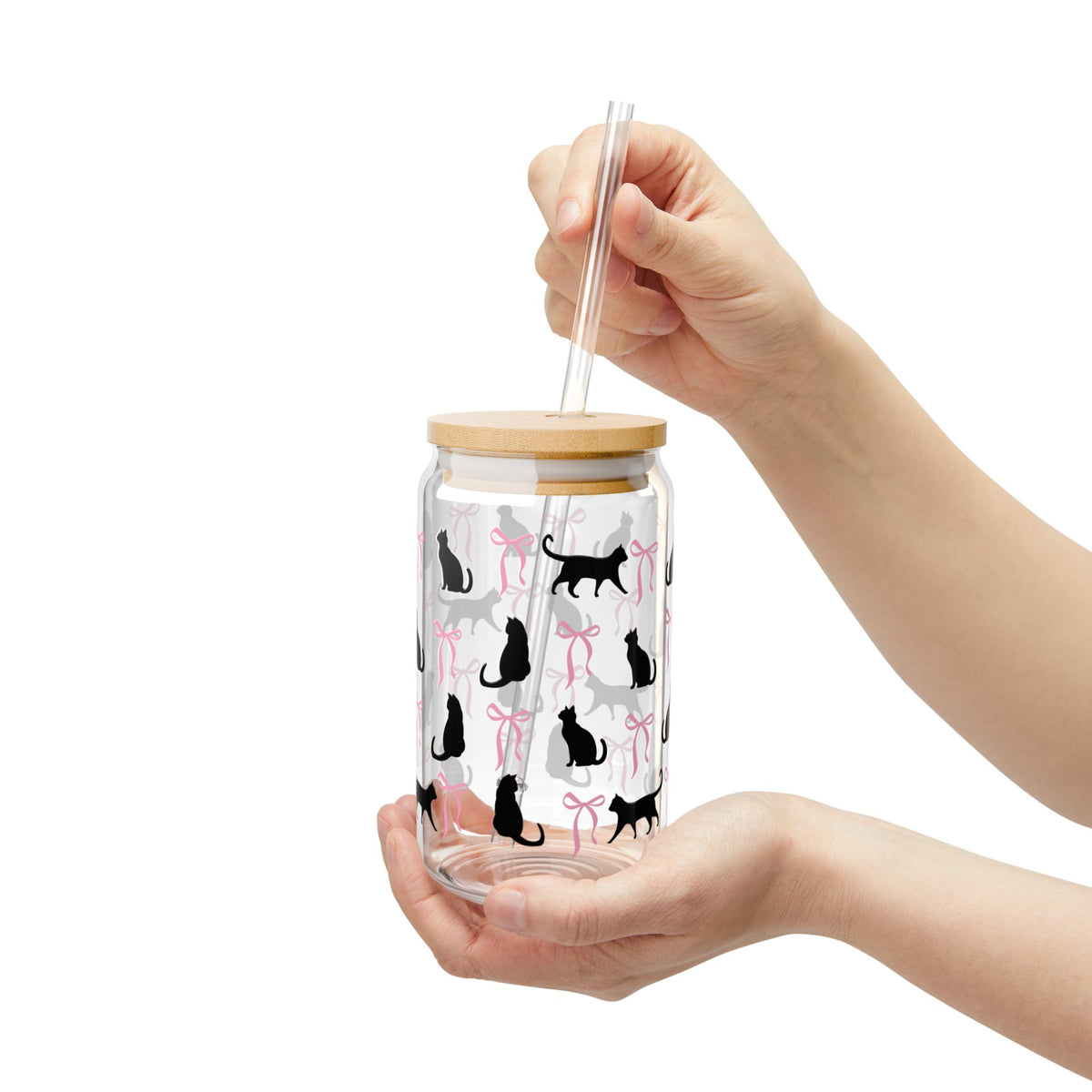 Kitty Coquette Bow Halloween Sipper Glass 16oz Reusable Drink Jar with Lid & Straw