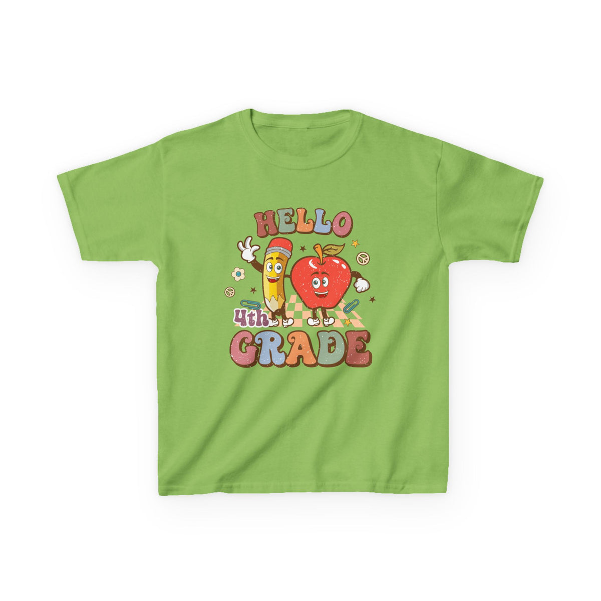 Hello 4th Grade Cute Apple & Pencil Graphic Tee Back-to-School Fourth Grade Kids T-Shirt