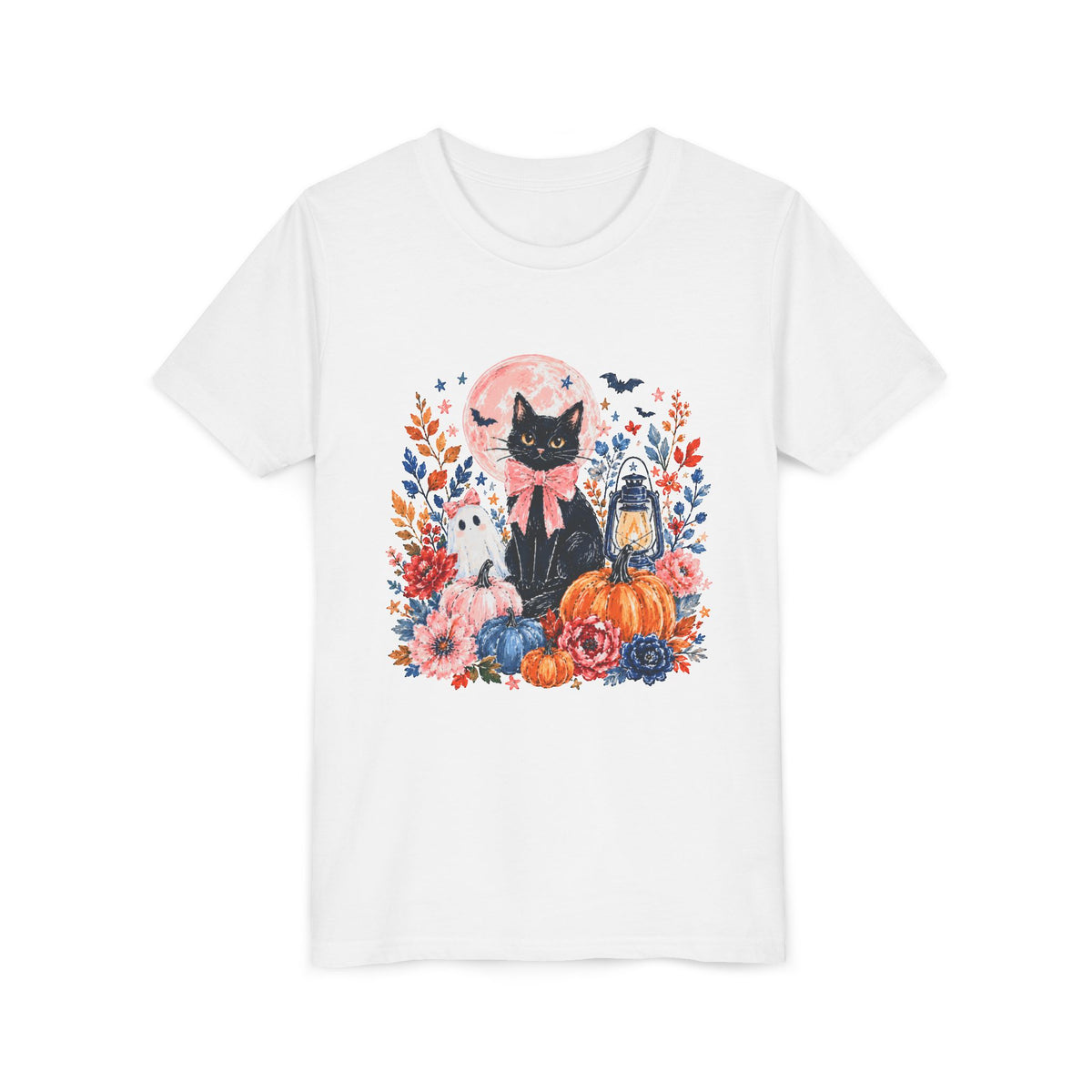 Girly Black Cat Halloween T-Shirt Cute Pumpkin & Lantern Fall Kids Graphic Tee