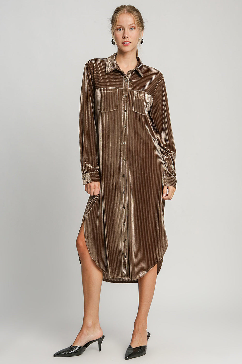 Umgee Texture Curved Hem Button Down Shirt Dress - Sydney So Sweet