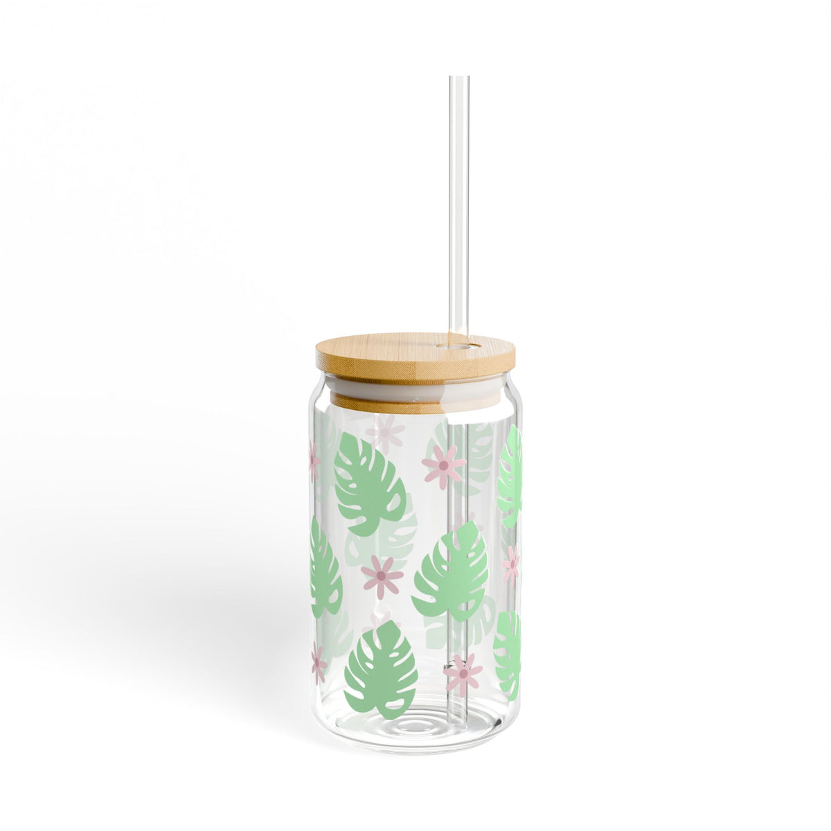 Monstera Plant Tumbler Sipper Glass 16oz — Reusable Drink Jar with Lid & Straw