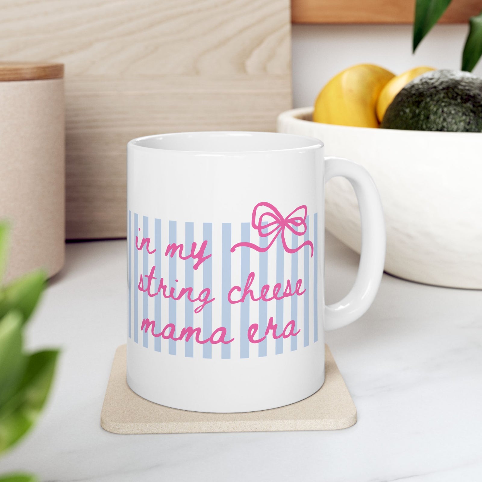 In My String Cheese Mama Era Striped Pink Bow Ceramic Mug Coffee Cup (11oz & 15oz)