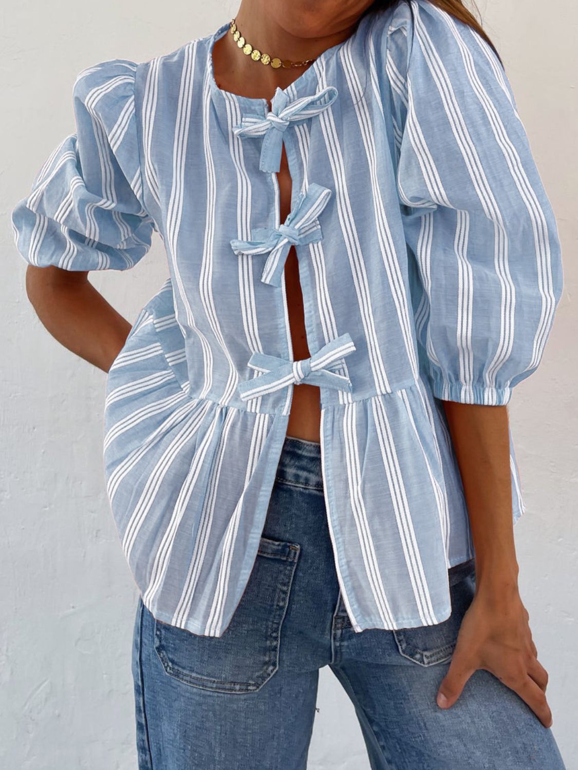 Tied Round Neck Balloon Sleeve Shirt - Sydney So Sweet