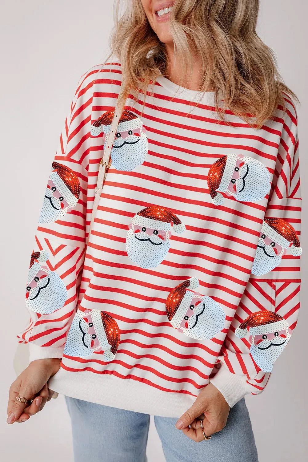 Sequin Santa Striped Round Neck Long Sleeve Sweatshirt - Sydney So Sweet