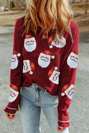 Sequin Santa Round Neck Long Sleeve Blouse - Sydney So Sweet