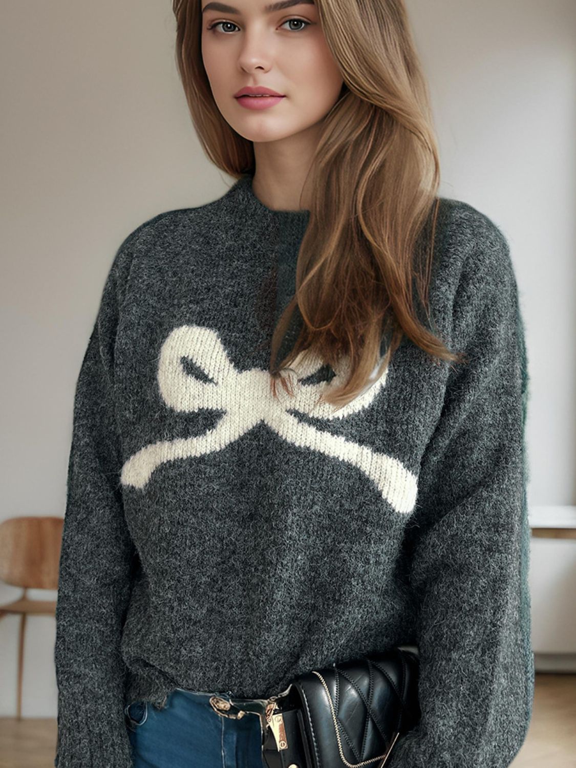 Bow Round Neck Long Sleeve Sweater - Sydney So Sweet