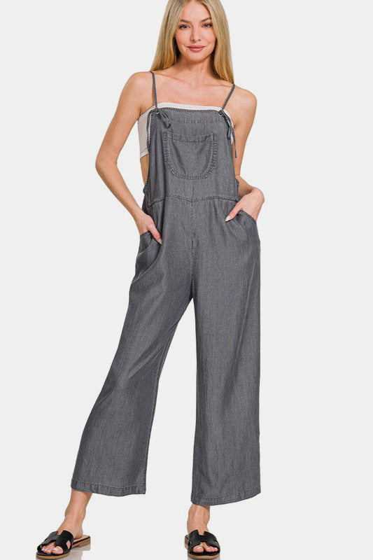 Zenana Washed Adjustable Strap Wide Leg Denim Overalls - Sydney So Sweet